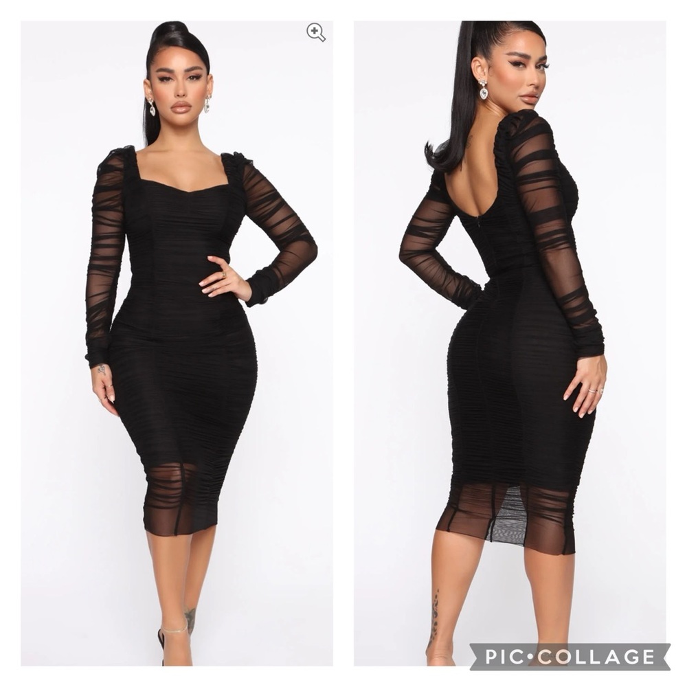 Fashion Nova Did You Mesh Me Black Fitted Stretch Dress Long Sleeves Mesh Sz XS